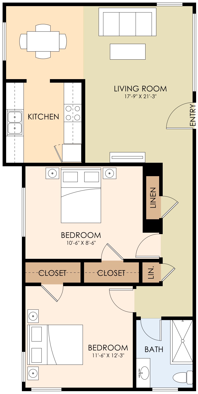 Floor plan for 2 beds, 1 bath, 800 sqft